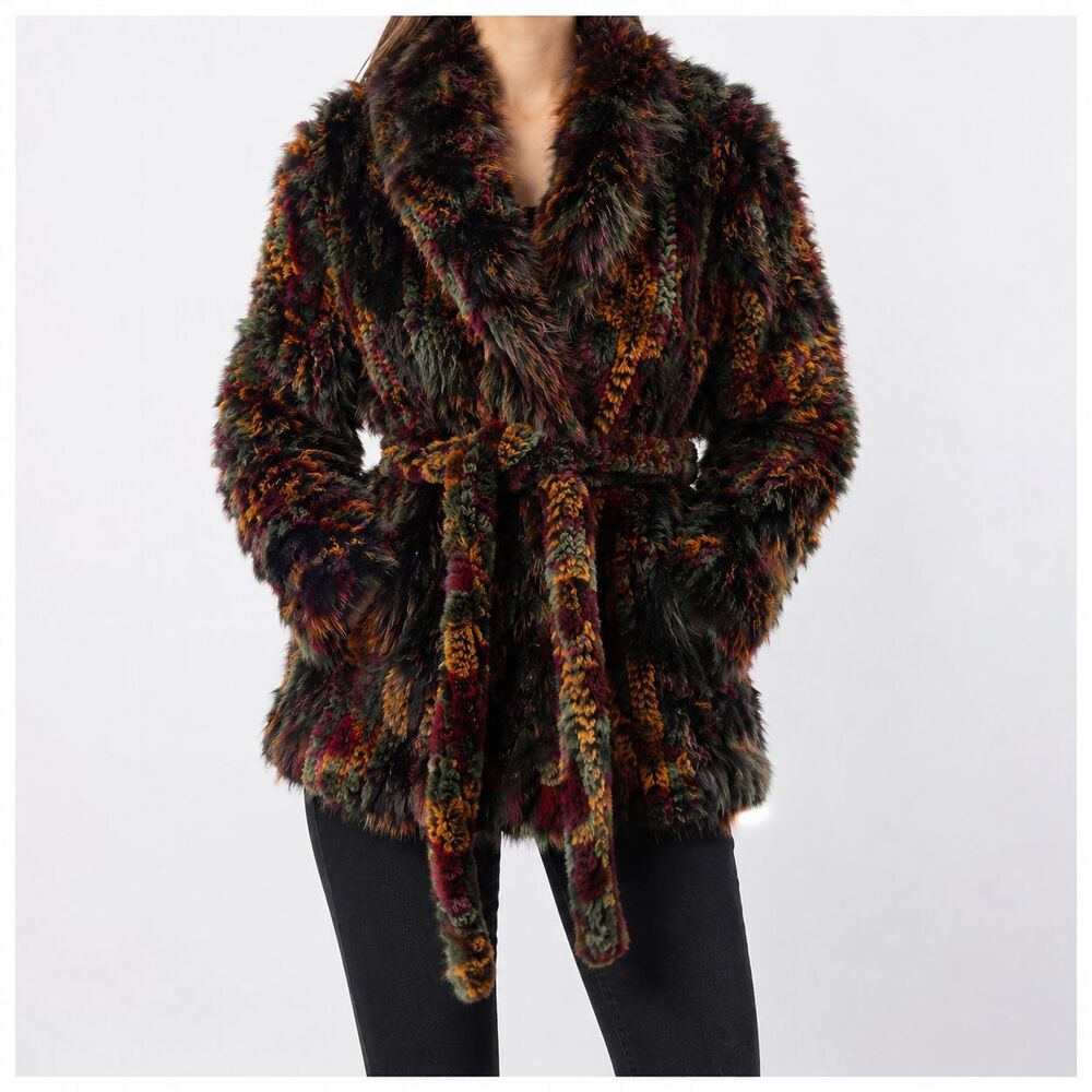 Cedrics Genuine Rabbit Fox Lamb Fur Coat Multicolor Belted Womens Jacket 4x